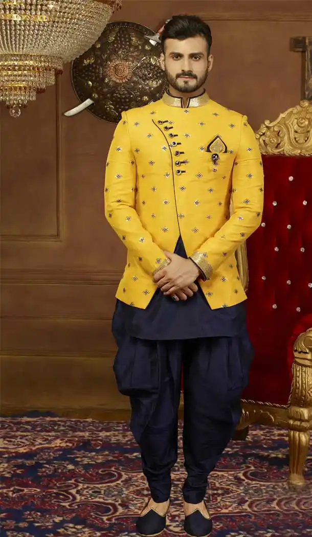 Yellow Color Art Banarasi Silk Men's Kurta Pajama with Plus Size - 395747803
