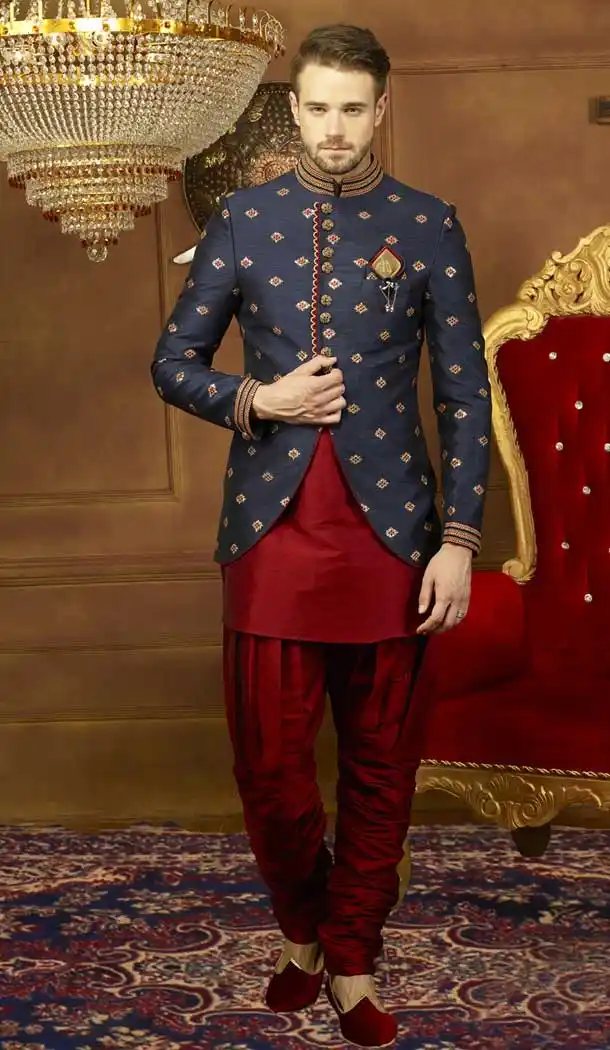 Blue Color Art Banarasi Silk Men's Kurta Pajama with Plus Size - 395747804