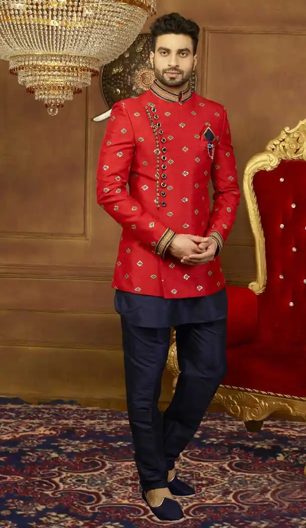 Red Color Art Banarasi Silk Men's Kurta Pajama with Plus Size - 395747805