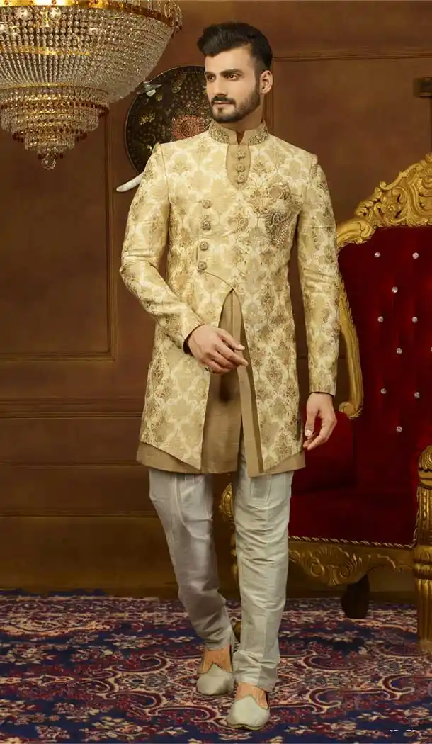 Gold Beige Color jacquard Silk Men's Kurta Pajama Plus Size - 395747806