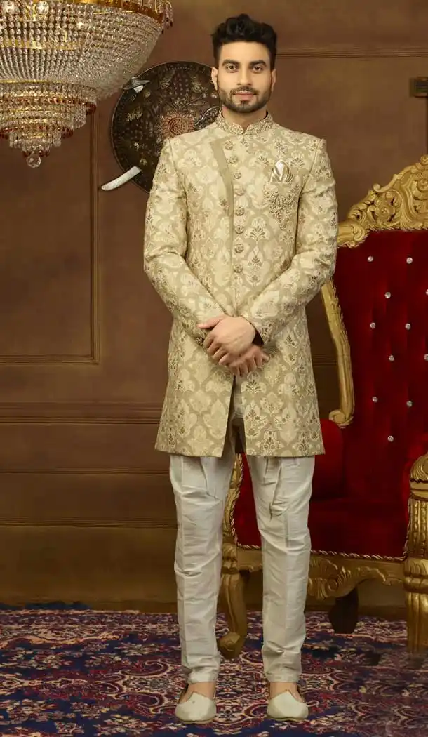 Cream Color jacquard Silk Men's Wear Kurta Pajama with Plus Size - 395747807
