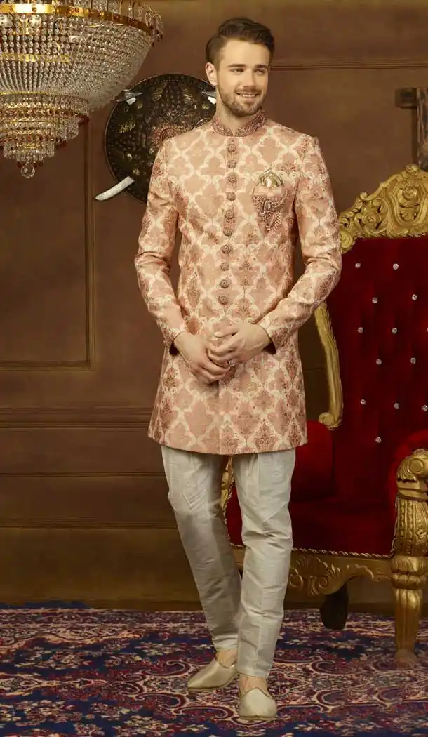 Peach Color jacquard Silk Men's Wear Kurta Pajama with Plus Size - 395747808
