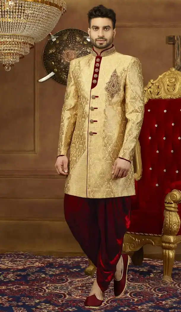 Gold Color jacquard Silk Men's Wear Kurta Pajama with Plus Size - 395747810