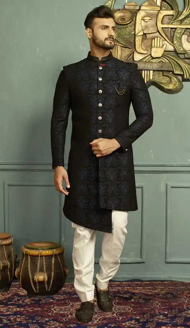 Ravishing Blue Jacquard Men's Wear Kurta Pajama Plus Size - 395747812