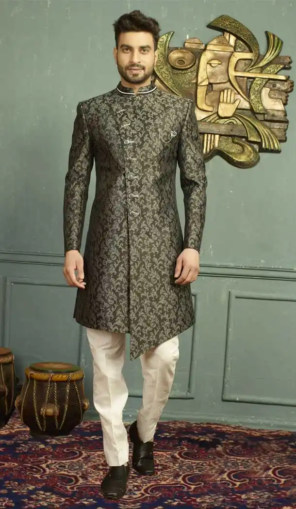 Gray Black Color Jacquard Men's Wear Kurta Pajama Plus Size - 395747813