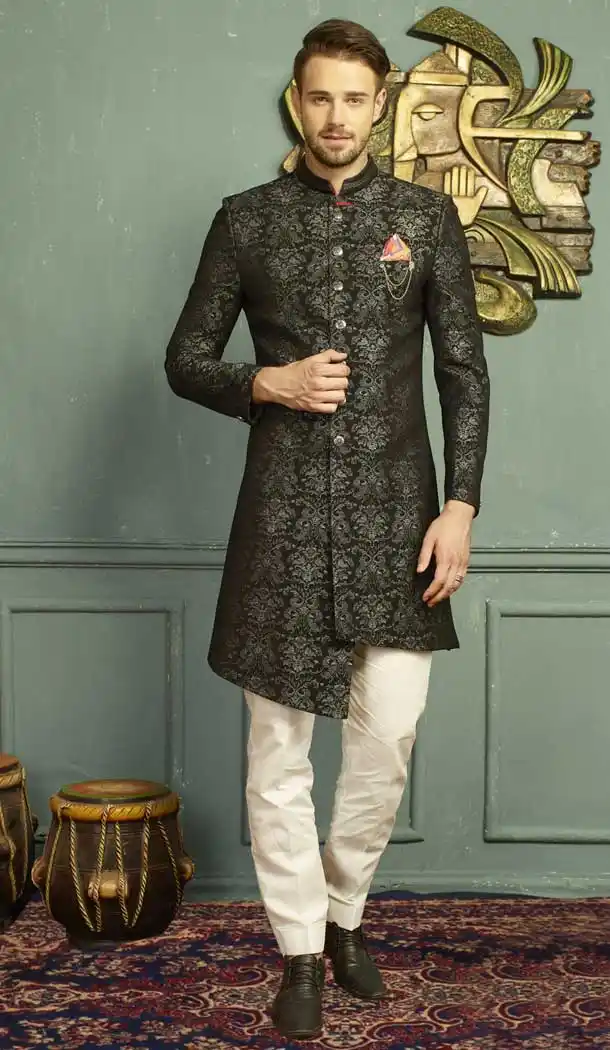 Black Color Jacquard Men's Wear Kurta Pajama with Plus Size - 395747814