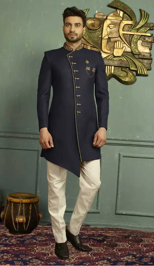 Gorgeous Blue Color Jacquard Men's Wear Kurta Pajama Plus Size - 395747815