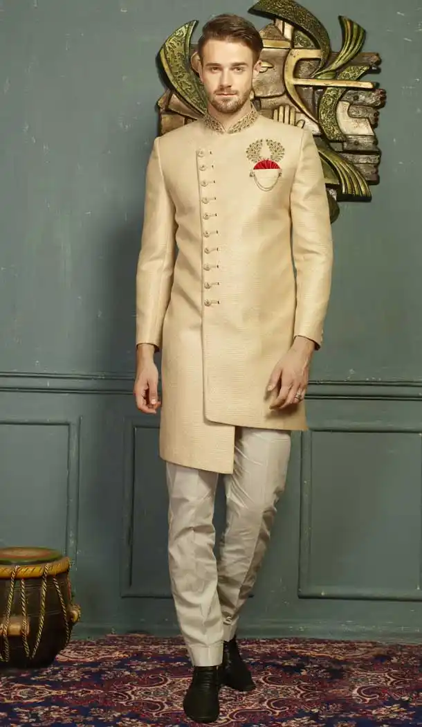 Beige Color Jacquard Men's Wear Kurta Pajama with Plus Size - 395747816