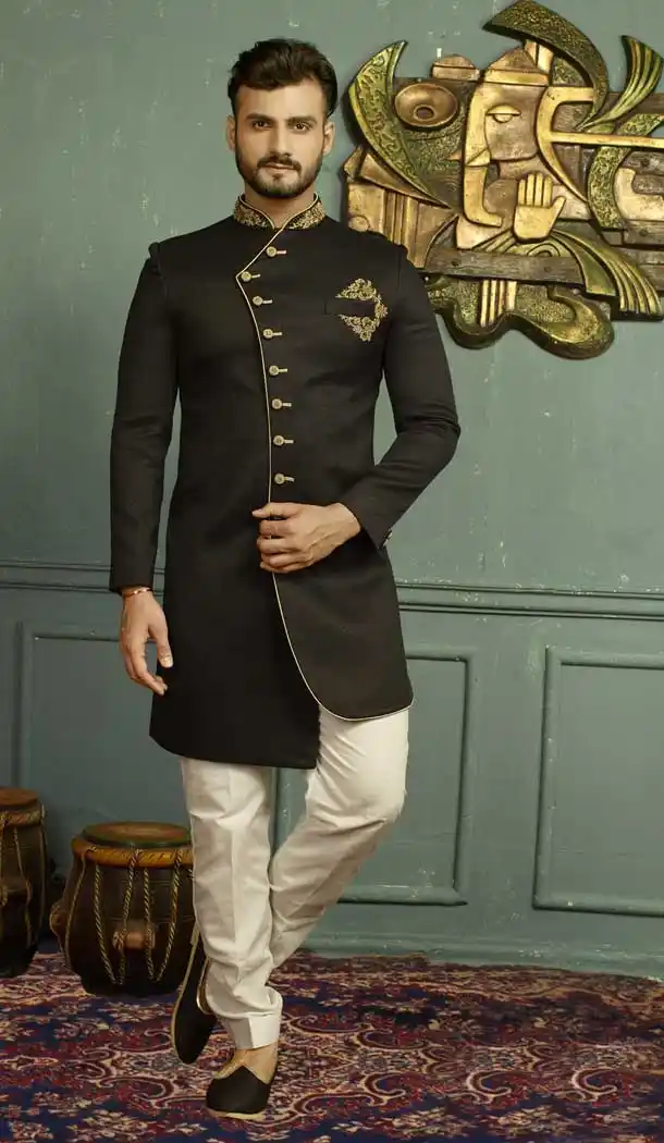 Black Color Jacquard Men's Wear Kurta Pajama with Plus Size - 395747817