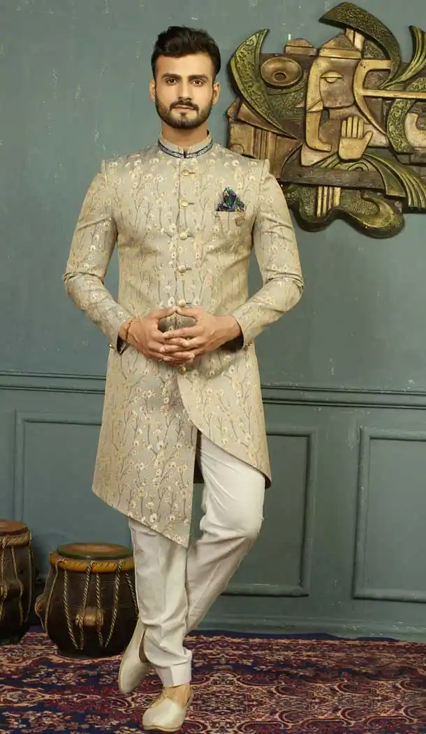 Gray Gold Color Jacquard Men's Kurta Pajama with Plus Size - 395747819