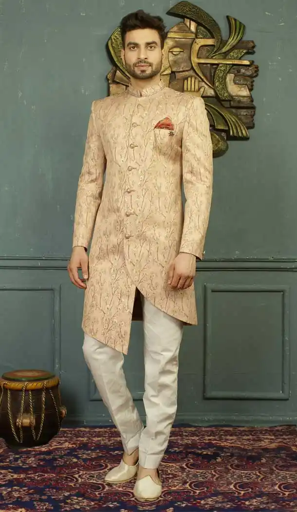 Peach Color Jacquard Men's Wear Kurta Pajama with Plus Size - 395747820