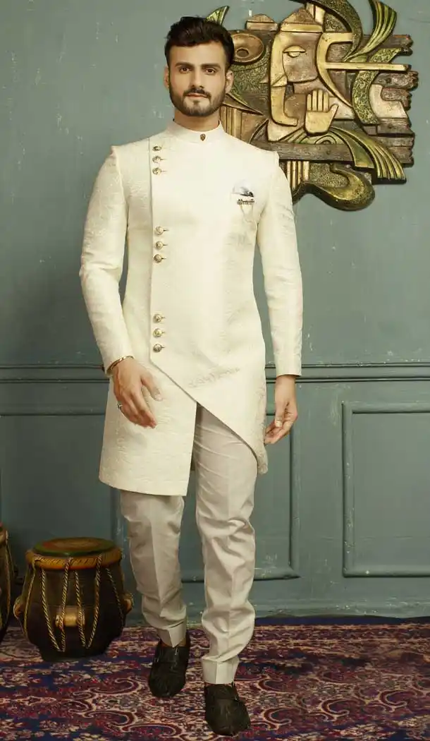 Off White Color Jacquard Men's Wear Kurta Pajama with Plus Size - 395747821