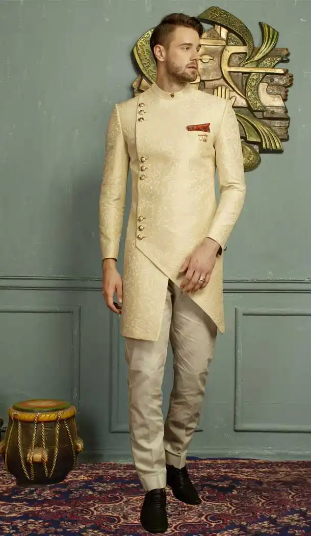 Cream Color Jacquard Men's Wear Kurta Pajama with Plus Size - 395747822