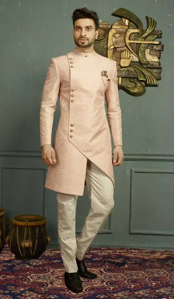Pink Color Jacquard Men's Wear Kurta Pajama with Plus Size - 395747823