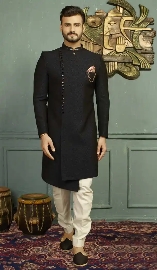 Blue Black Color Jacquard Men's Wear Kurta Pajama Plus Size - 395747824