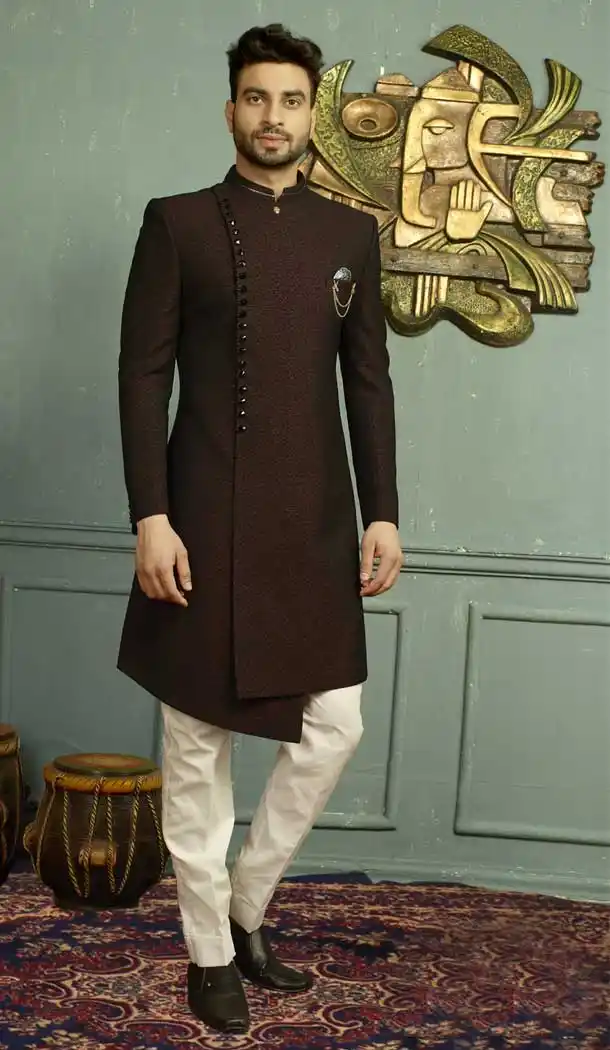 Wine Black Color Jacquard Men's Wear Kurta Pajama Plus Size - 395747825
