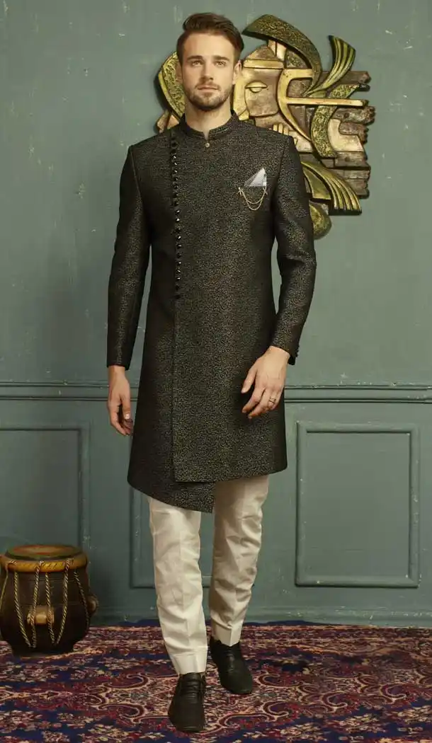 Gray Black Color Jacquard Men's Wear Kurta Pajama Plus Size - 395747826