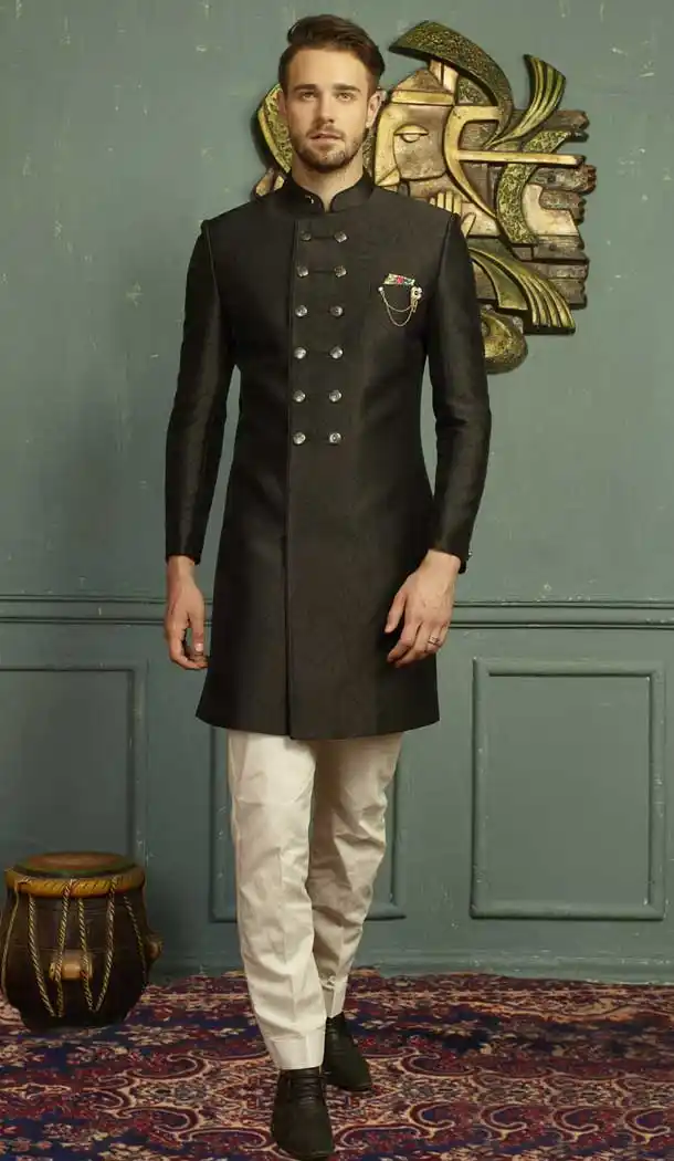 Black Color Jacquard Men's Wear Kurta Pajama with Plus Size - 395747827