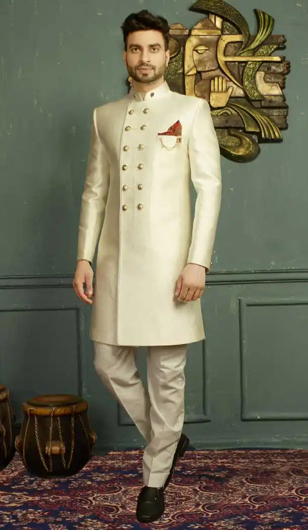 Off White Color Jacquard Men's Wear Kurta Pajama Plus Size - 395747828