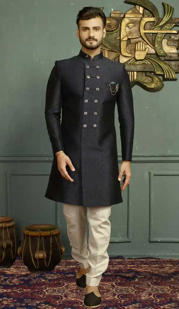 Blue Color Jacquard Men's Wear Kurta Pajama with Plus Size - 395747829