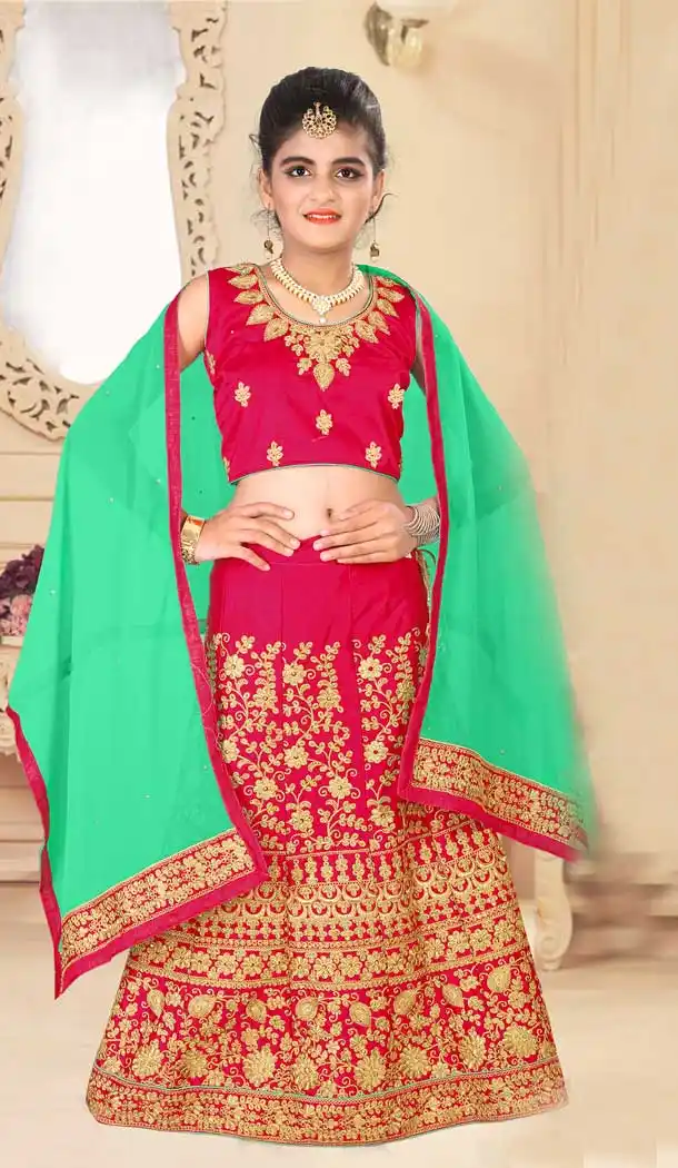Japan Silk Red Color Designer Girls Readymade Lehenga Choli - 393247369
