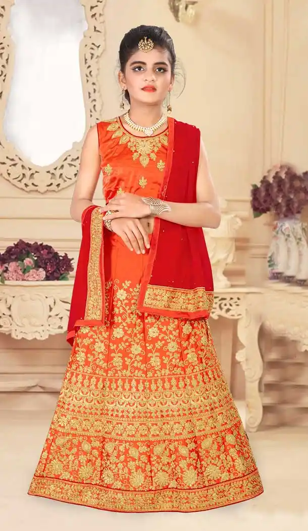 Japan Silk Orange Color Designer Girls Readymade Lehenga Choli - 393247370