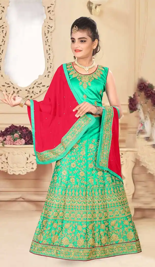 Japan Silk Green Color Designer Girls Readymade Lehenga Choli - 393247371