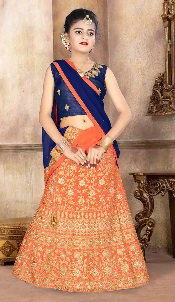Japan Silk Blue Color Designer Girls Readymade Lehenga Choli - 393247373