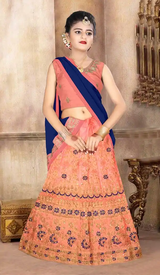 Japan Silk Peach Color Designer Girls Readymade Lehenga Choli - 393247376