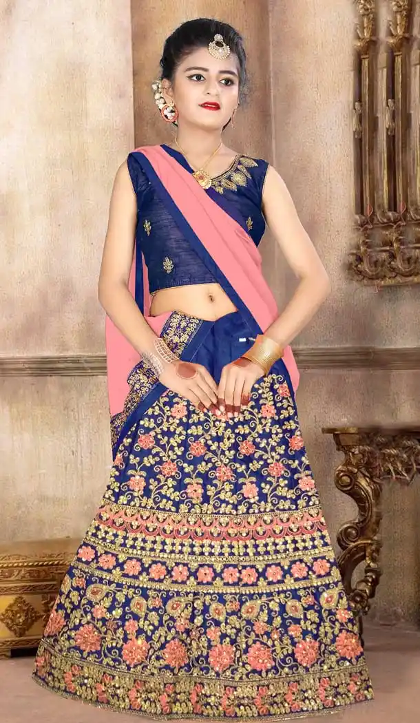 Japan Silk Blue Color Designer Girls Readymade Lehenga Choli - 393247378