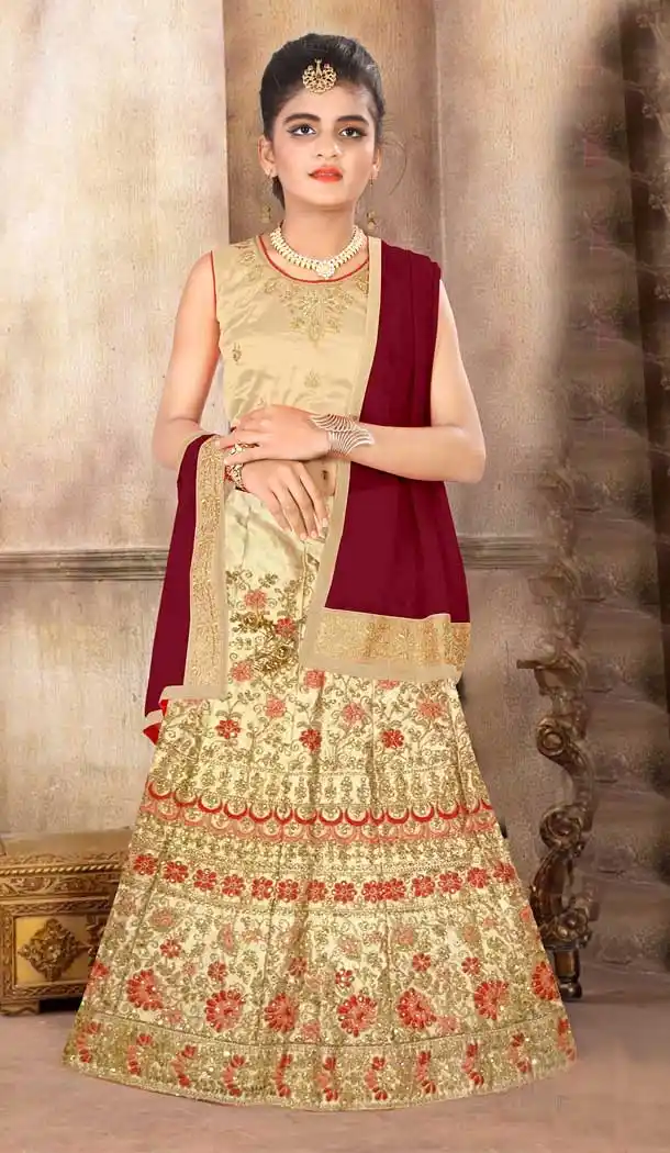 Japan Silk Cream Color Designer Girls Readymade Lehenga Choli - 393247379