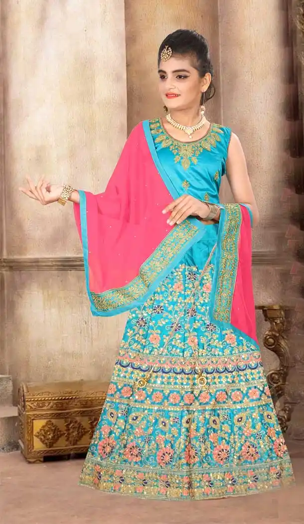 Japan Silk Sky Blue Color Designer Girls Readymade Lehenga Choli - 393247380