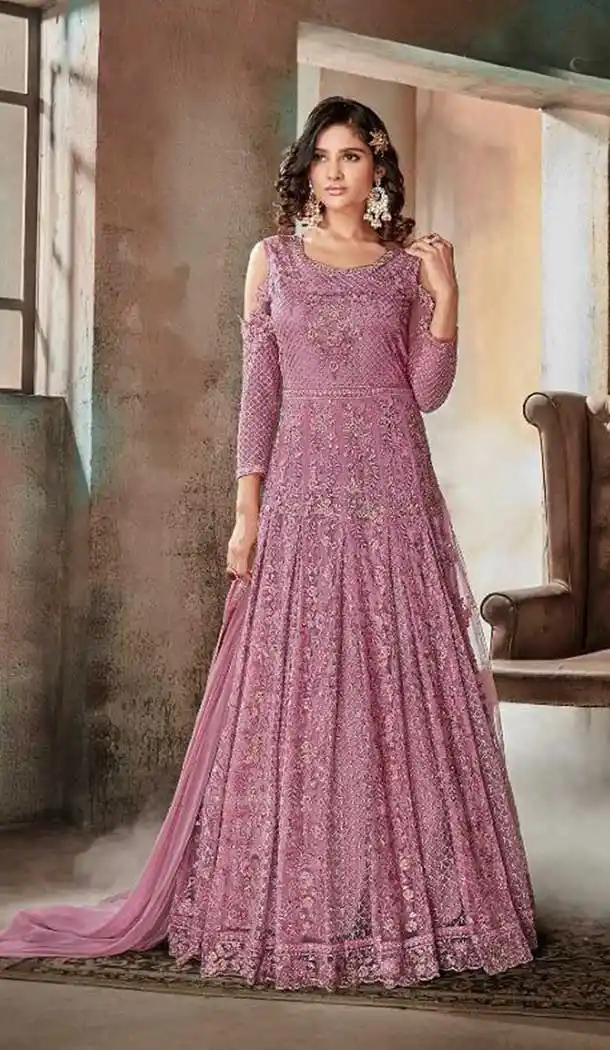 Pakistani Style Designer Pink Color Net Churidar Kameez - 397047884