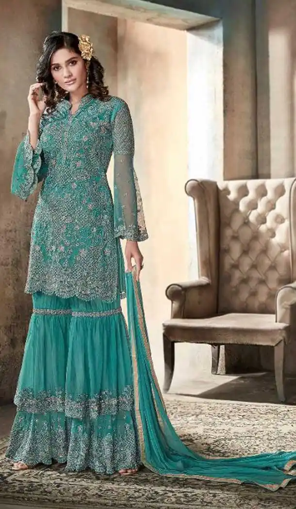 Pakistani Style Designer Green Color Net Sharara Kameez - 397047885