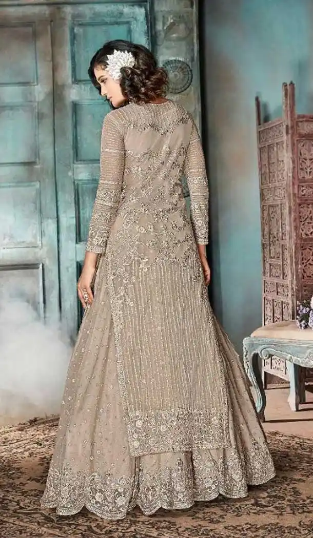 Pakistani Style Designer Cream Color Net Lehenga Kameez - 397047886