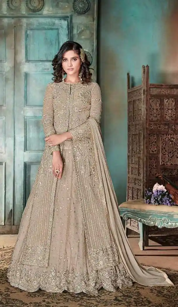 Pakistani Style Designer Cream Color Net Lehenga Kameez - 397047886
