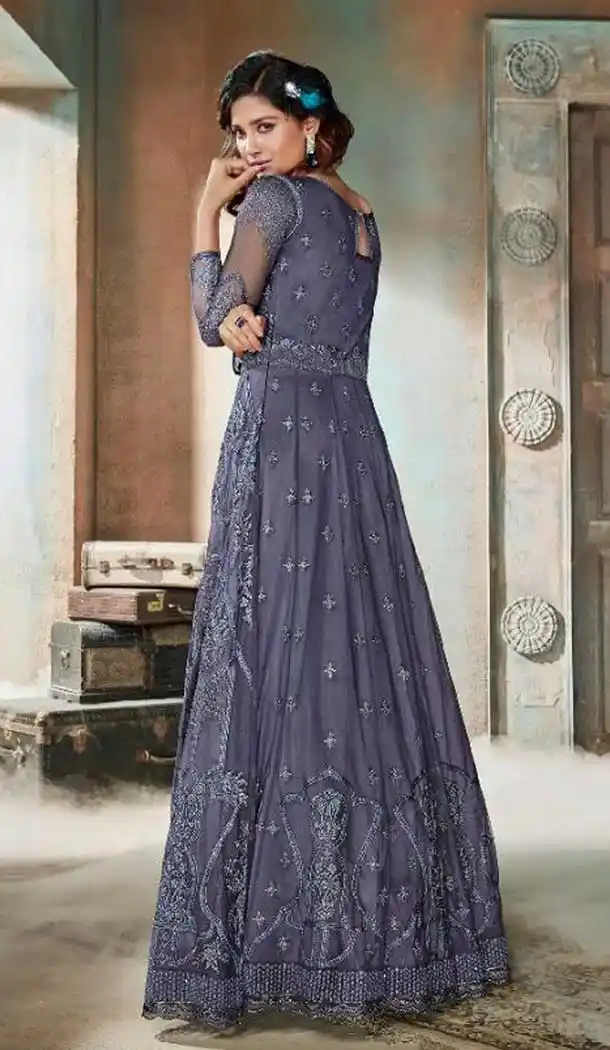 Pakistani Style Designer Blue Color Net Churidar Kameez - 397047887