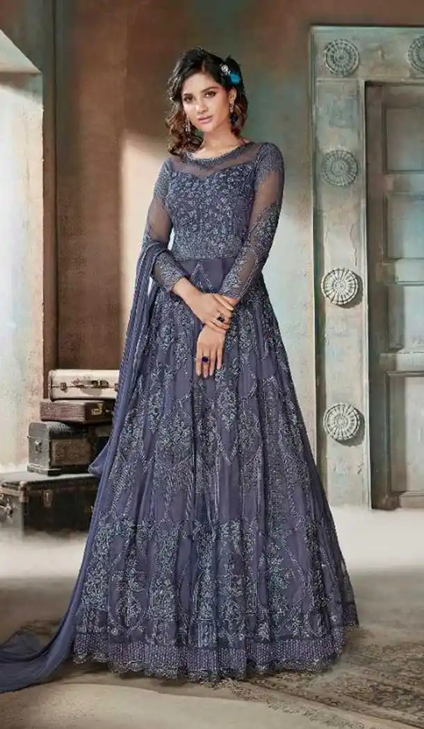 Pakistani Style Designer Blue Color Net Churidar Kameez - 397047887