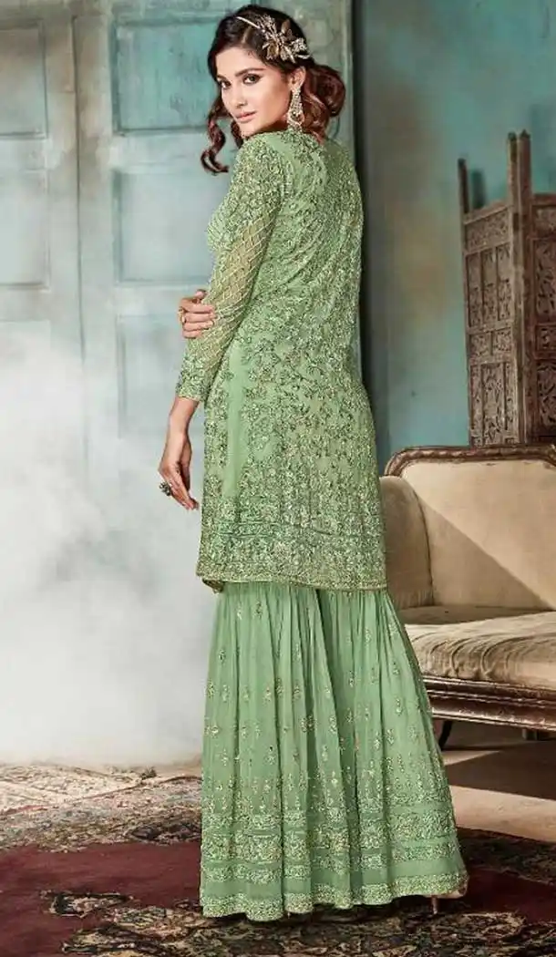 Pakistani Style Designer Green Color Net Palazzo Kameez - 397047888