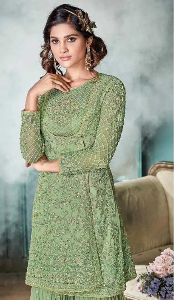 Pakistani Style Designer Green Color Net Palazzo Kameez - 397047888