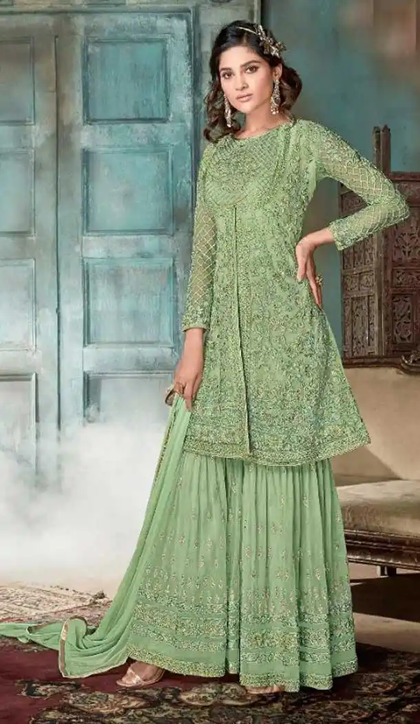 Pakistani Style Designer Green Color Net Palazzo Kameez - 397047888
