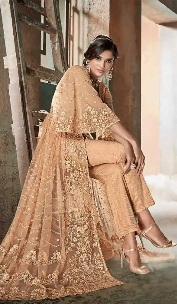 Pakistani Style Designer Orange Color Net Lehenga Kameez - 397047889