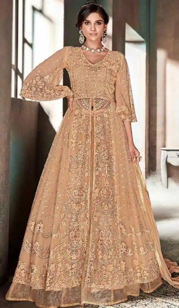 Pakistani Style Designer Orange Color Net Lehenga Kameez - 397047889