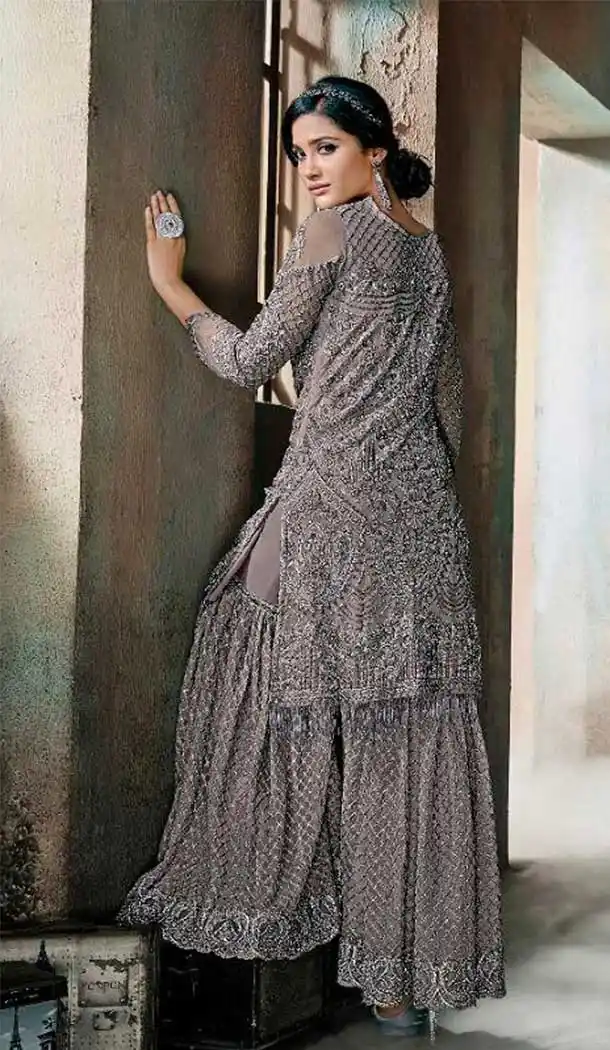 Pakistani Style Designer Grey Color Net Palazzo Kameez - 397047890