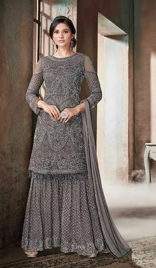 Pakistani Style Designer Grey Color Net Palazzo Kameez - 397047890