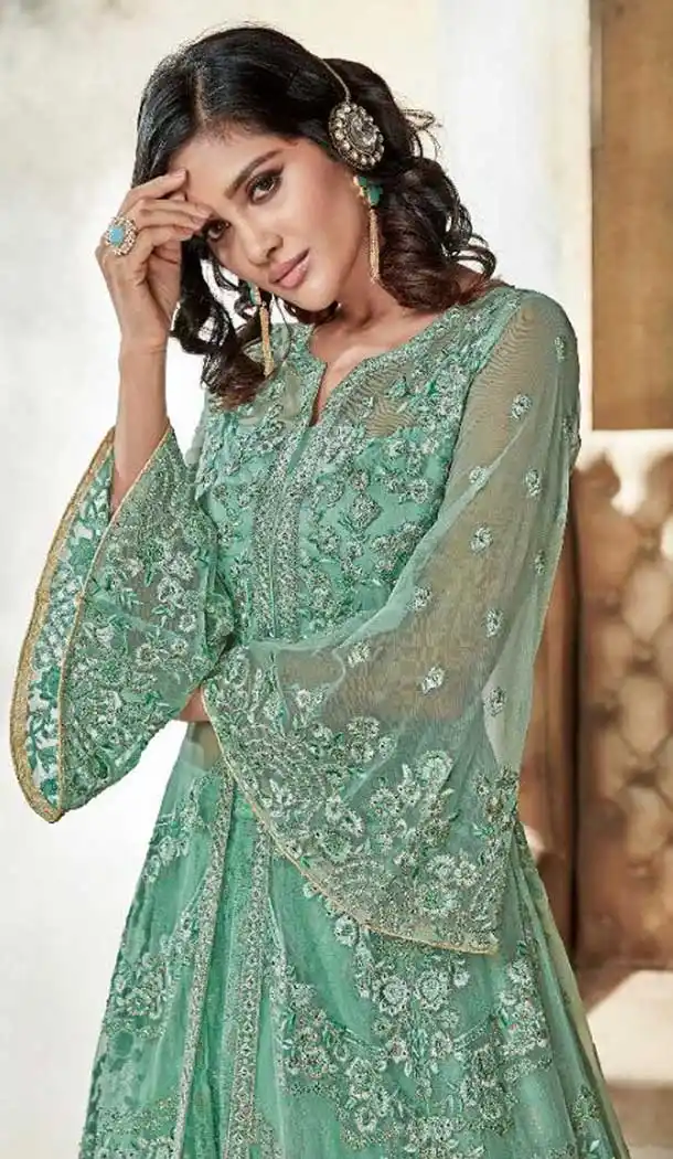 Pakistani Style Designer Aqua Green Color Net Lehenga Kameez - 397047891