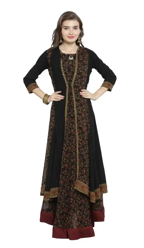 Long Designer Cotton Pakistani Readymade Black Color Kurti for Girls - 397147897