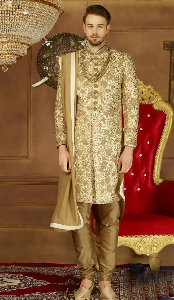 Men Wedding Designer Heavy Art Banarasi Silk Sherwani in Cream - 395647753