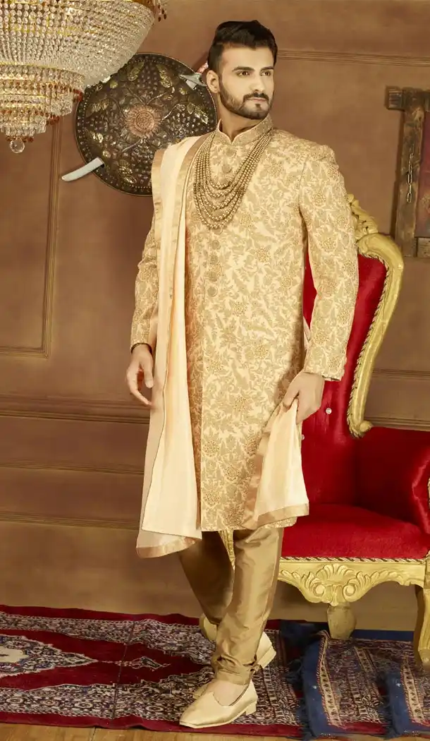 Men Wedding Designer Heavy Art Banarasi Silk Sherwani in Peach - 395647754