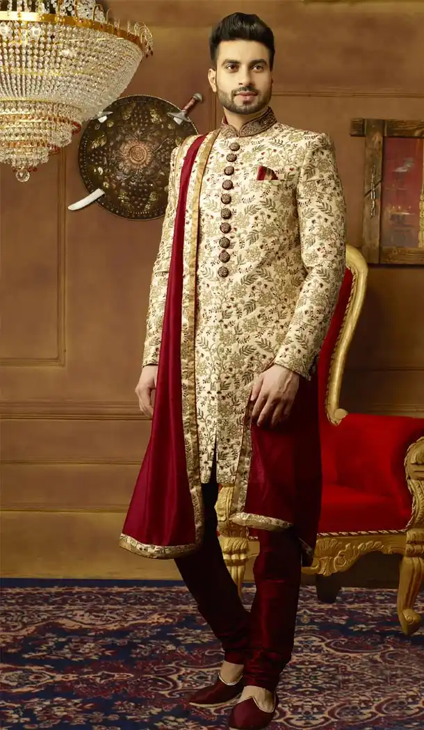 Classic Men Wedding Designer Heavy Art Banarasi Silk Sherwani in Gold - 395647756